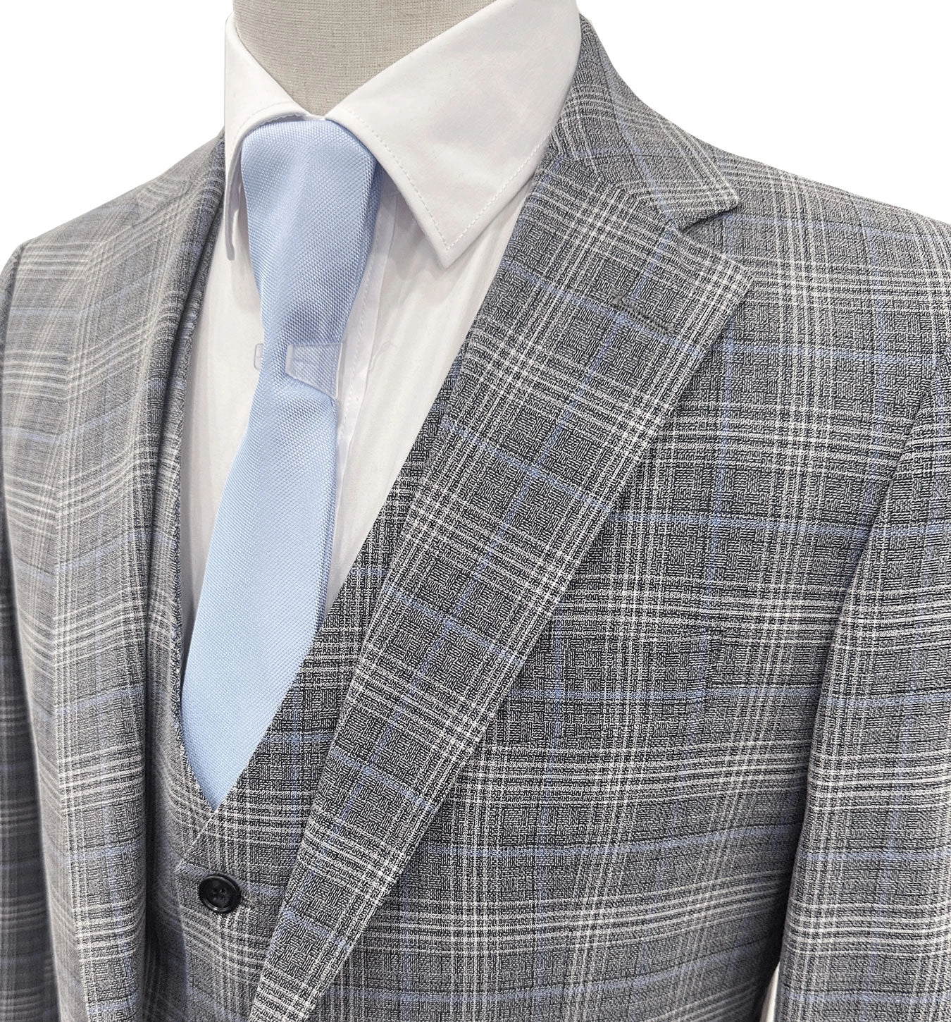 Angelo Rossi Traje a Cuadros Gris-Azul: Elegancia Moderna con Chaleco, Impecable Estilo Italiano.